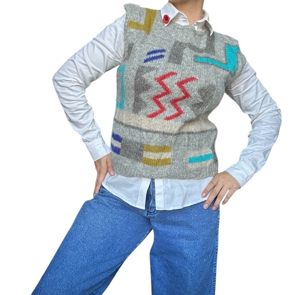 Wool Colorful Geometric Patterned Vest - Medium - Picture 4 of 13